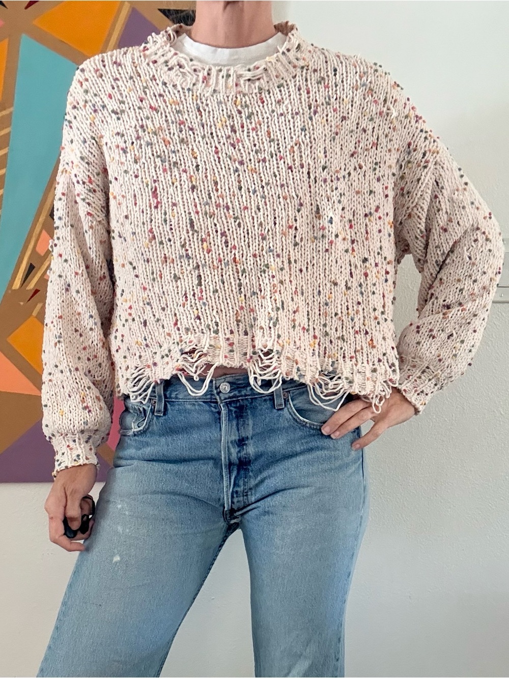 POL Cream Speckled Distressed Crewneck Sweater